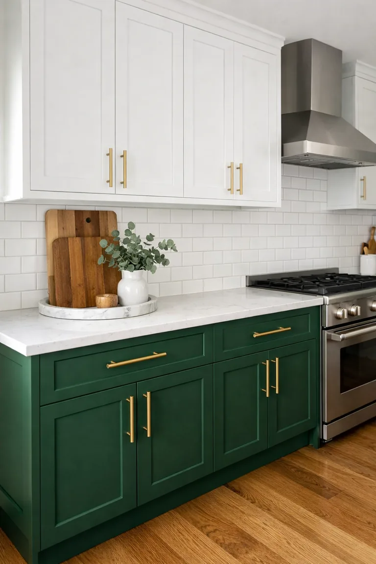 Two-tone kitchen with emerald green lower shaker cabinets, white upper cabinets, white quartz counters, white subway tile backsplash, brass pulls, and an oak wood floor in soft daylight.
