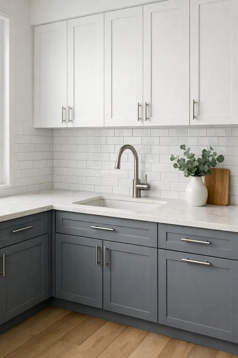 Modern kitchen with matte gray lower cabinets, white upper cabinets, white quartz countertop, white subway tile backsplash, and a stainless gooseneck faucet over a white undermount sink.