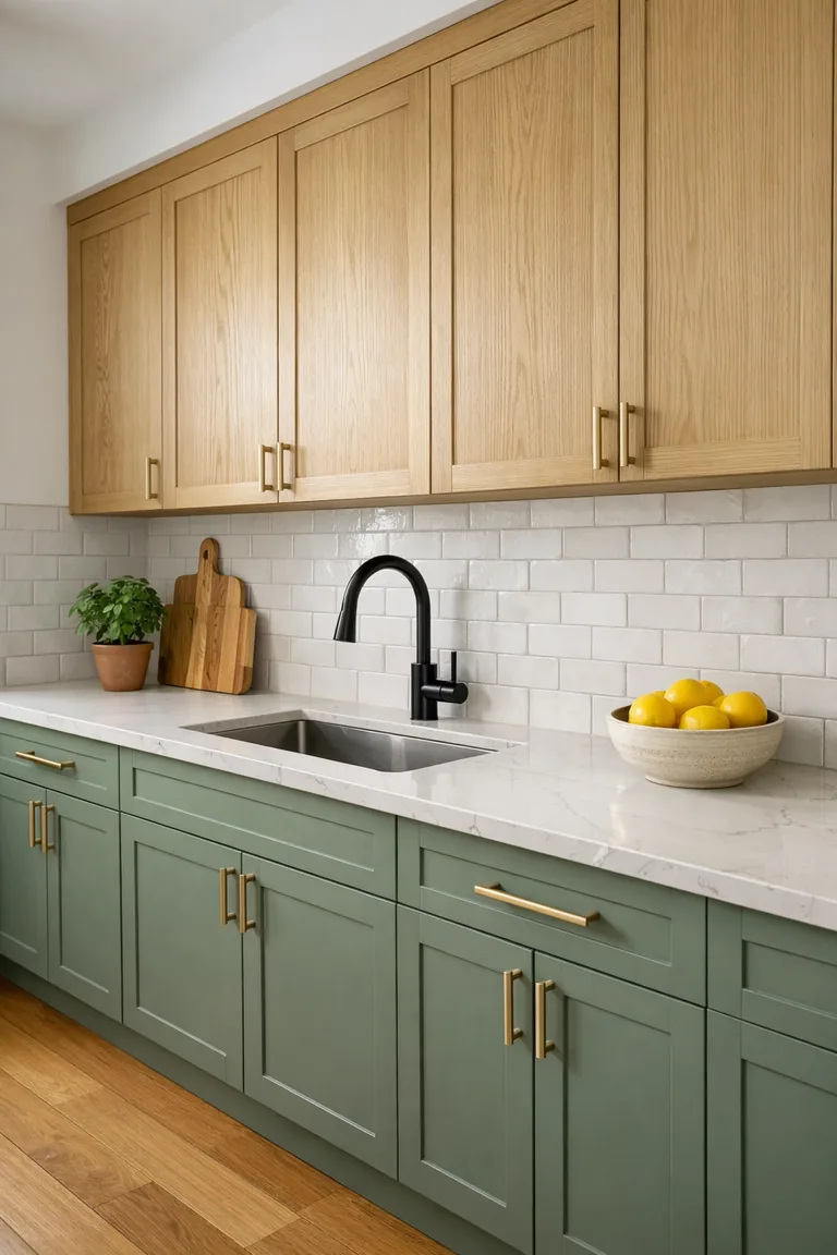 A kitchen with muted sage green lower cabinets, natural light oak upper cabinets, a white quartz countertop, white subway tile backsplash, and warm wood flooring.