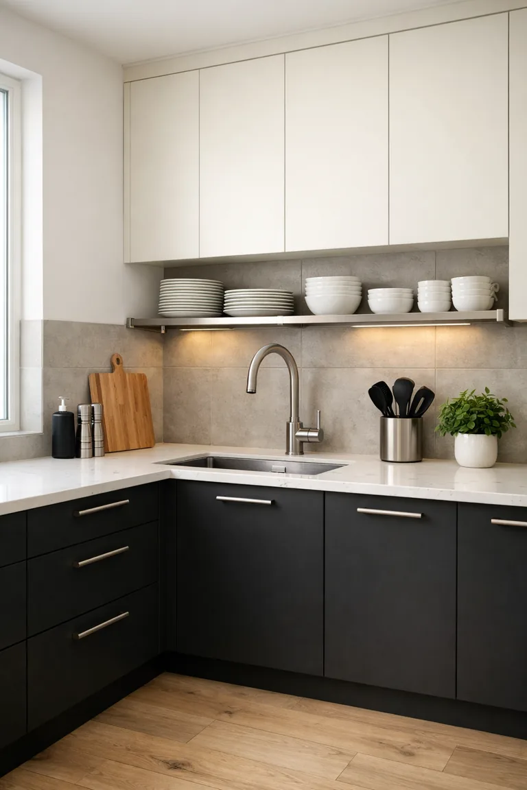 L-shaped kitchen with matte black lower cabinets, warm white upper cabinets, brushed stainless hardware, white quartz countertops, a concrete-look gray tile backsplash, and light wood flooring.