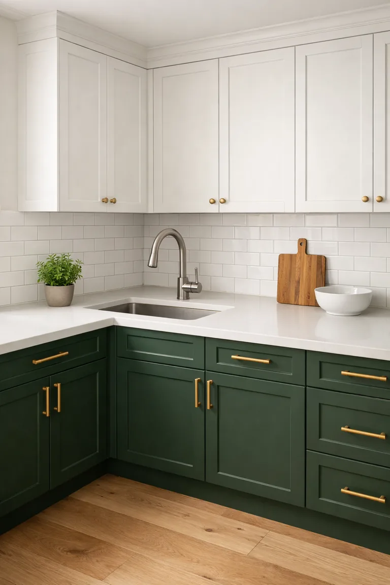 Two-tone modern kitchen with deep green lower cabinets, marble-white upper cabinets, white subway tile backsplash, brass hardware, and a white quartz countertop.