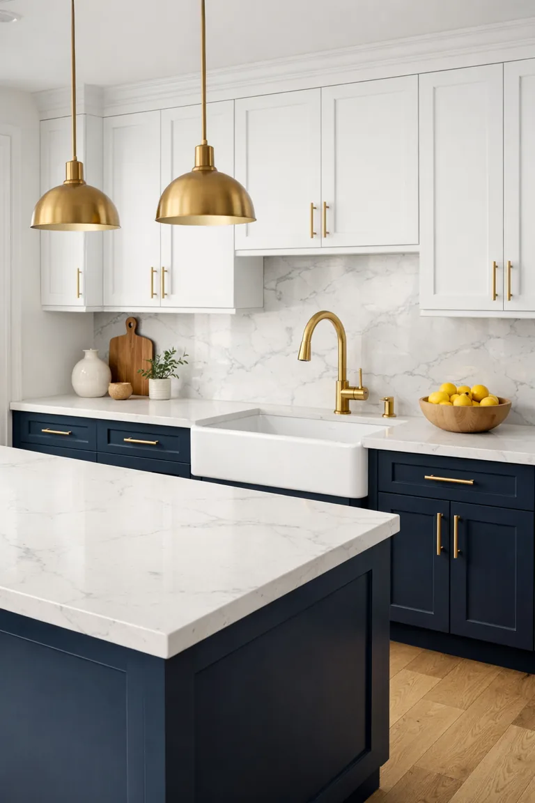 A photorealistic kitchen with navy base cabinets, white upper cabinets, brushed gold hardware, a gold faucet, white quartz countertops, and gold pendant lights over a white island.