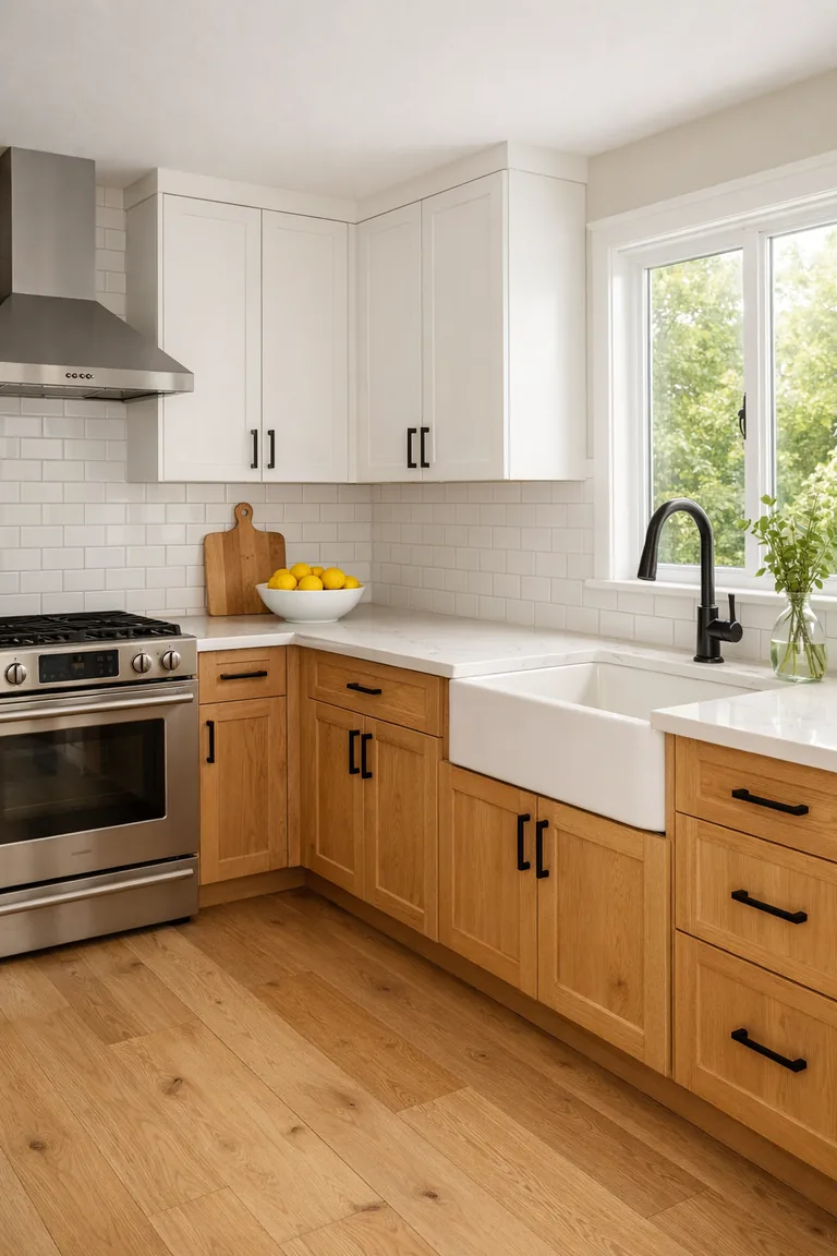An L-shaped kitchen with natural oak base cabinets, white upper cabinets, white quartz counters, a white subway tile backsplash, and matte black hardware.