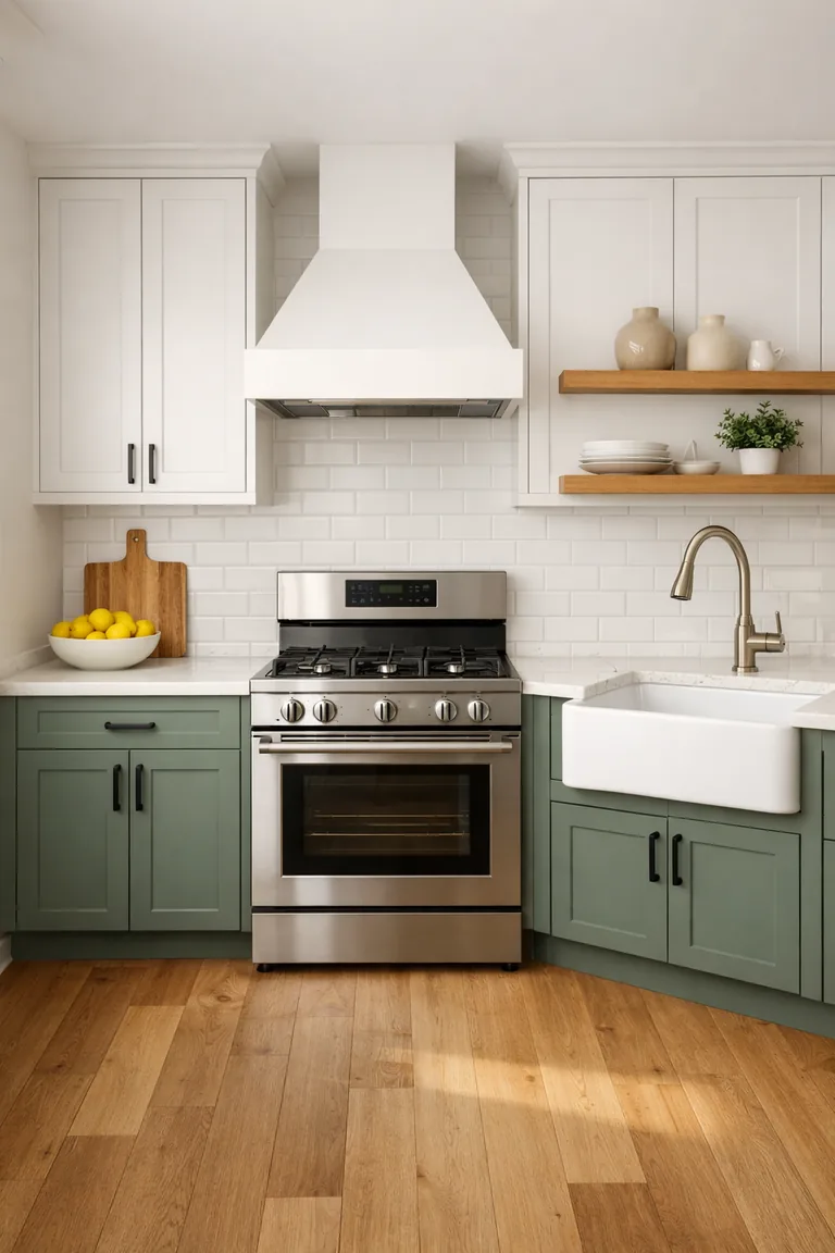 Two-tone kitchen with sage green base cabinets, white upper cabinets, white quartz countertop, subway tile backsplash, oak floor, stainless range, and apron-front sink.