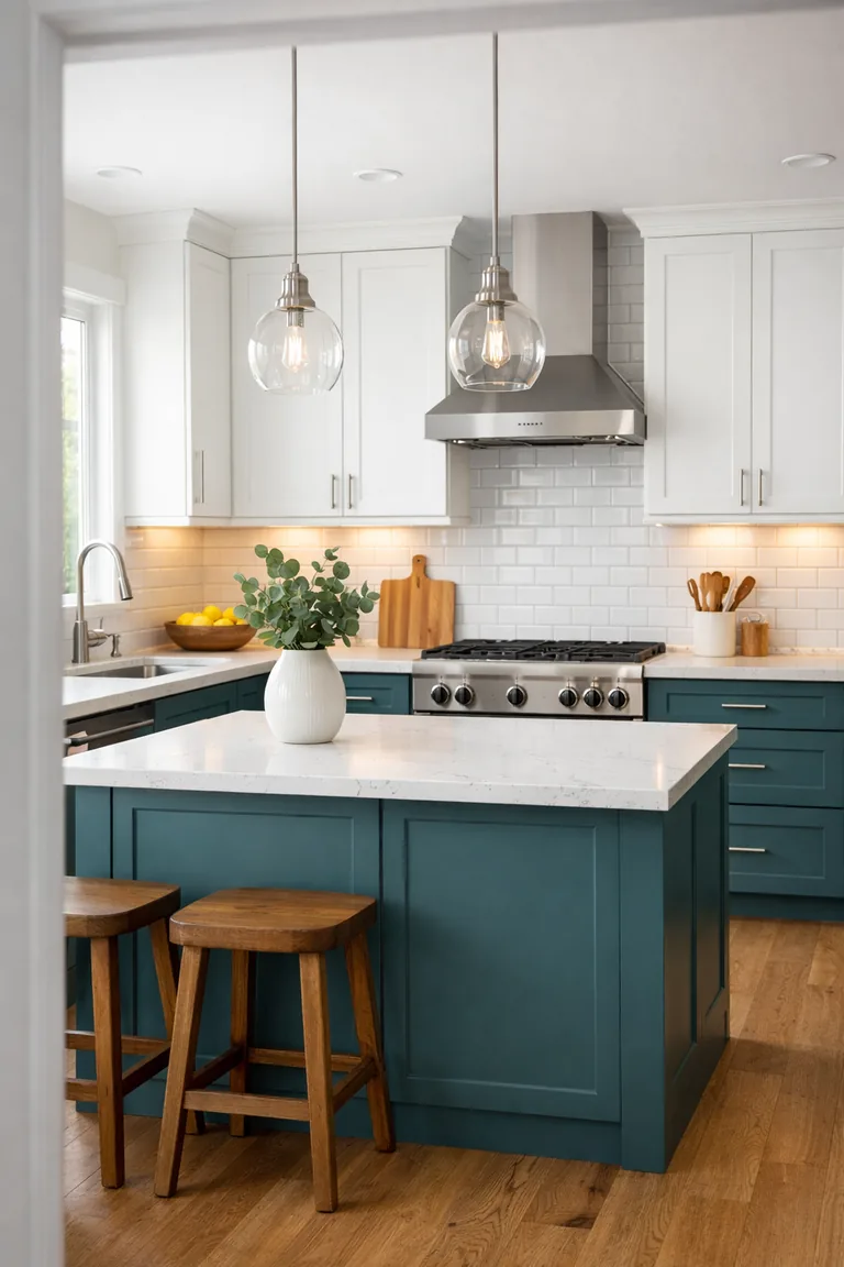 Portrait view of a bright kitchen with matte teal base cabinets and island, white upper cabinets, white quartz counters, subway tile backsplash, oak floors, and soft daylight with pendant lights over the island.