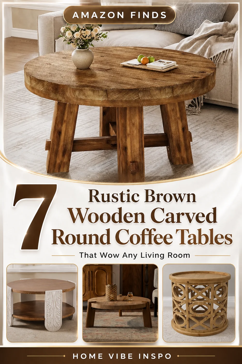 7 Rustic Brown Wooden Carved Round Coffee Tables That Wow Any Living Room