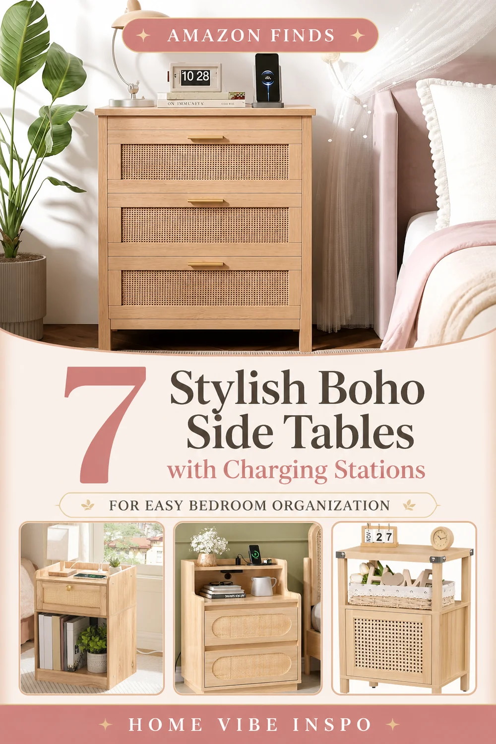 7 Stylish Boho Side Tables with Charging Stations for Easy Bedroom Organization
