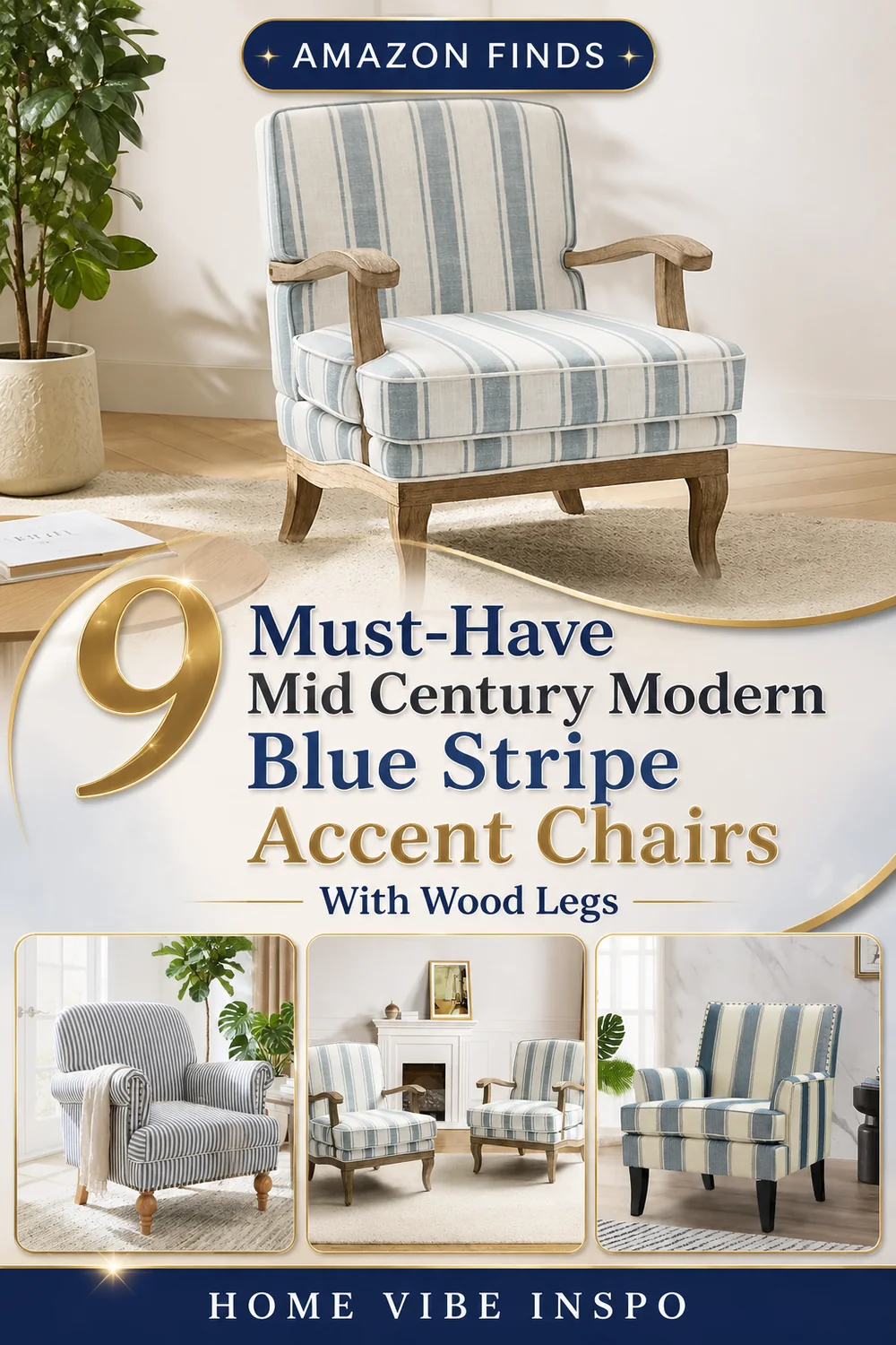9 Must-Have Mid Century Modern Blue Stripe Accent Chairs With Wood Legs