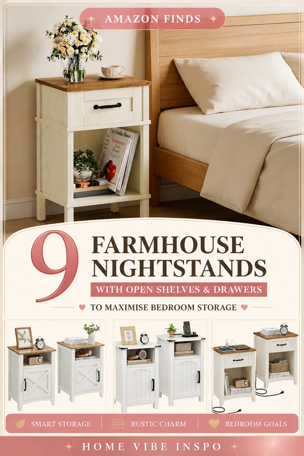 9 Farmhouse Nightstands with Open Shelves & Drawers to Maximise Bedroom Storage