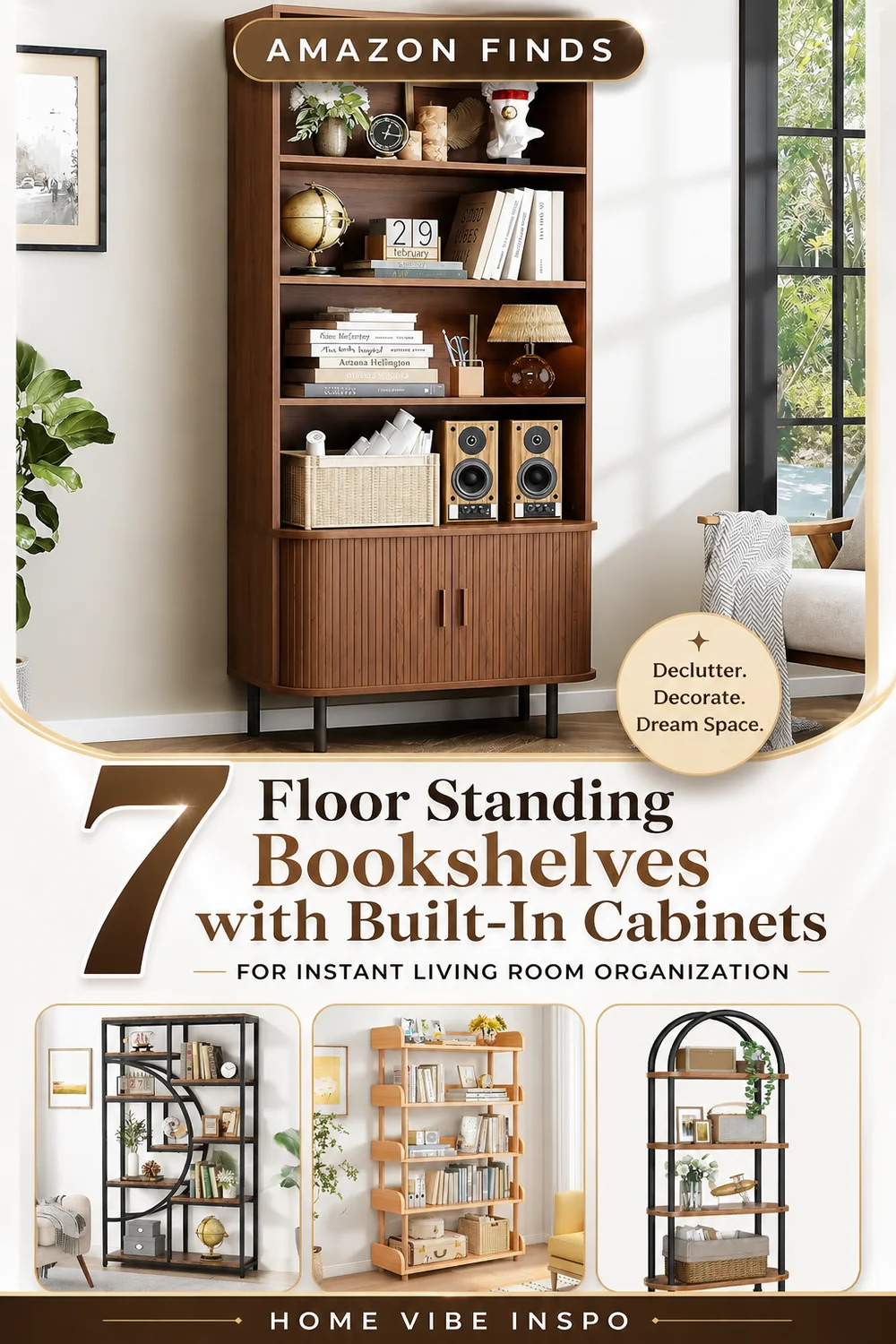 7 Floor Standing Bookshelves with Built-In Cabinets for Instant Living Room Organization